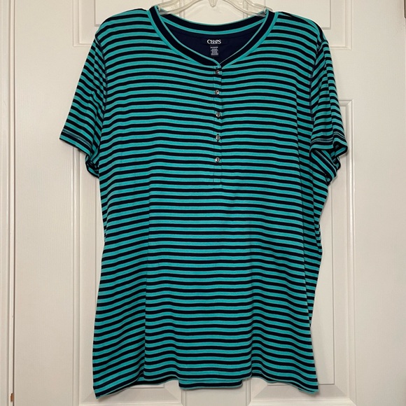 CHAPS Seafoam Green Navy Blue Stripe V-Neck Top T-Shirt Blouse Plus Size 2X NEW - Picture 8 of 8